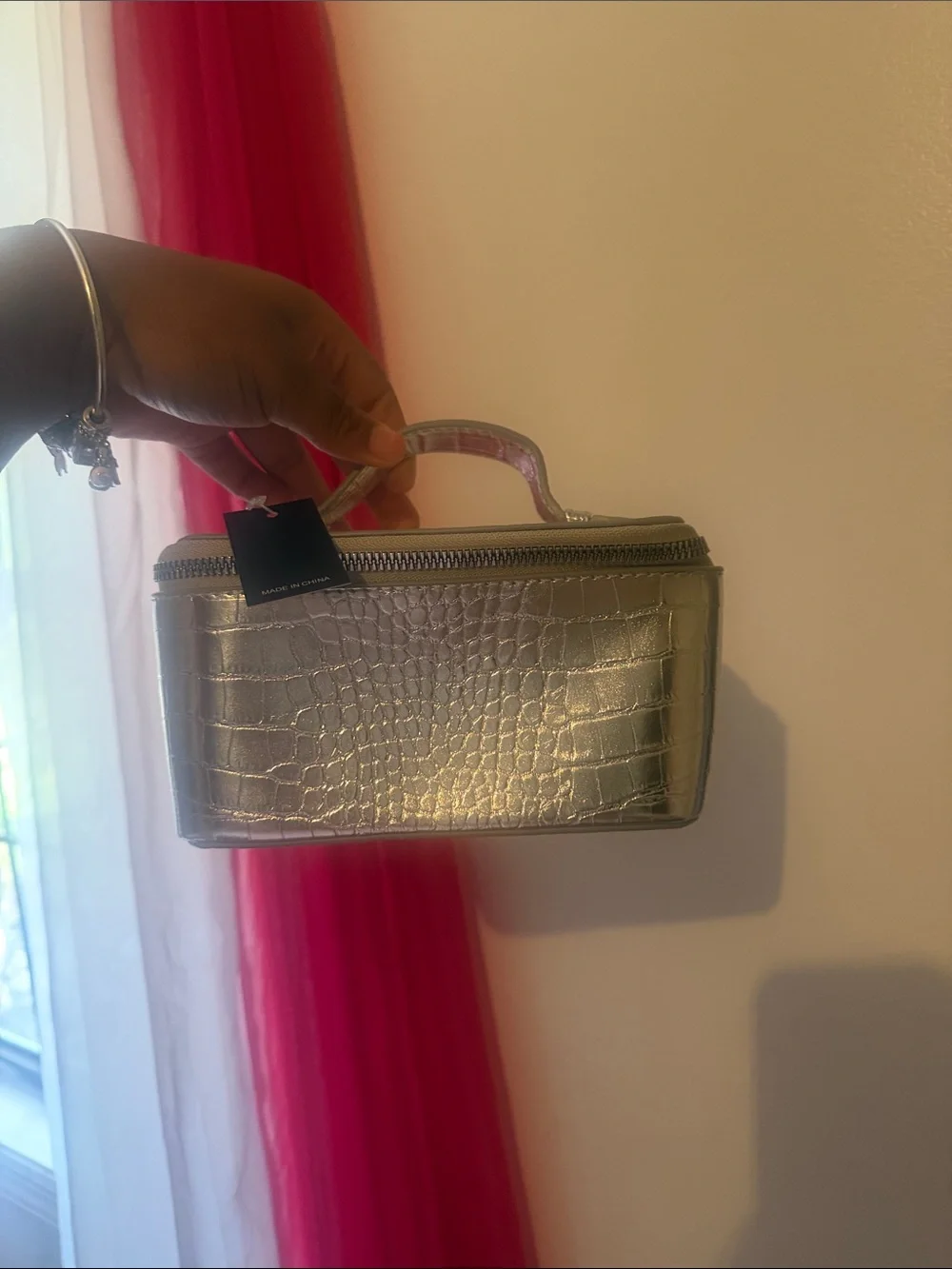 SHEIN Metallic Croc-Embossed Cosmetic Vanity Case - Silver